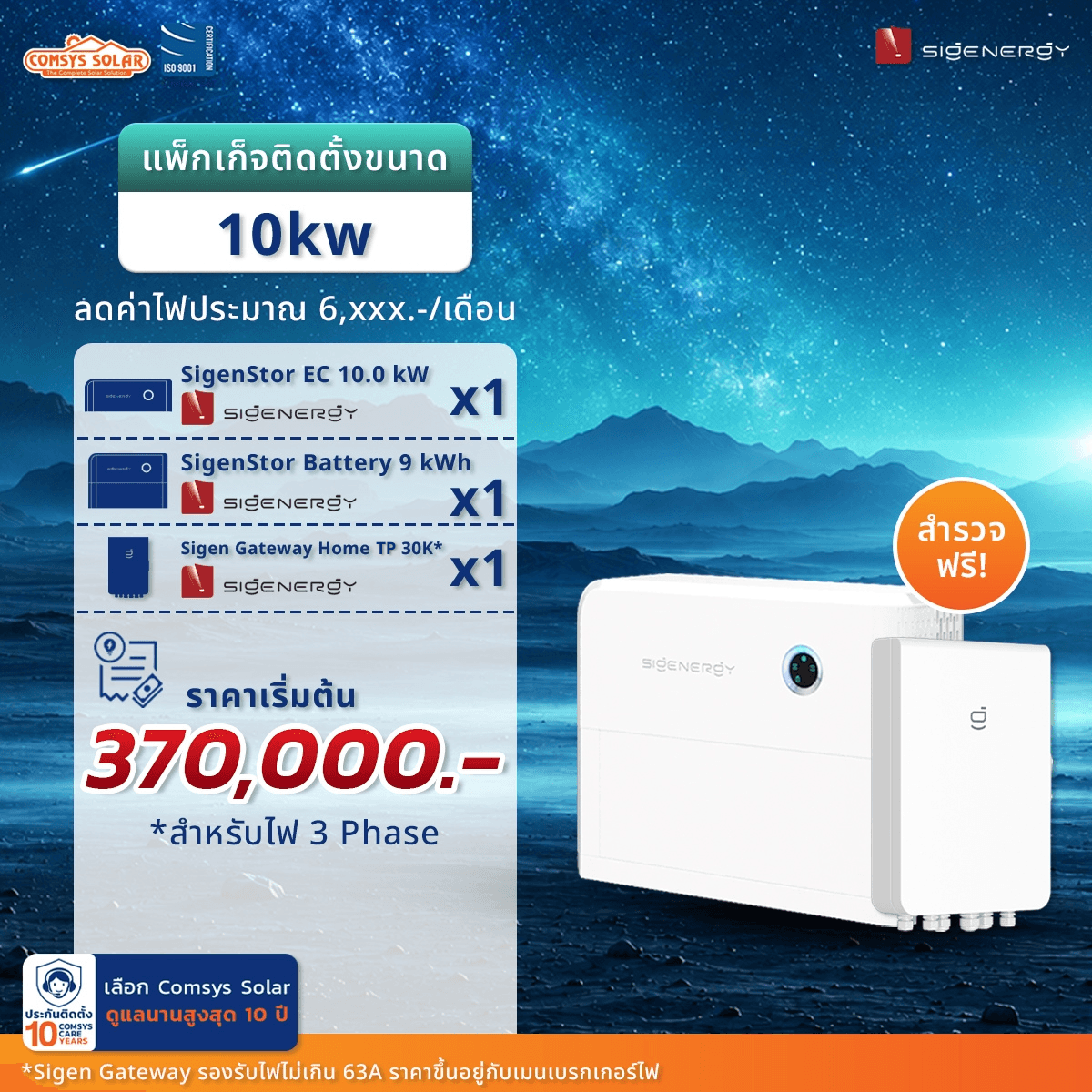 ชุด Hybrid Sigenergy สำหรับผู้ที่ติดโซลาร์เซลล์แล้ว ขนาด 10 kW ( 3 Phase )