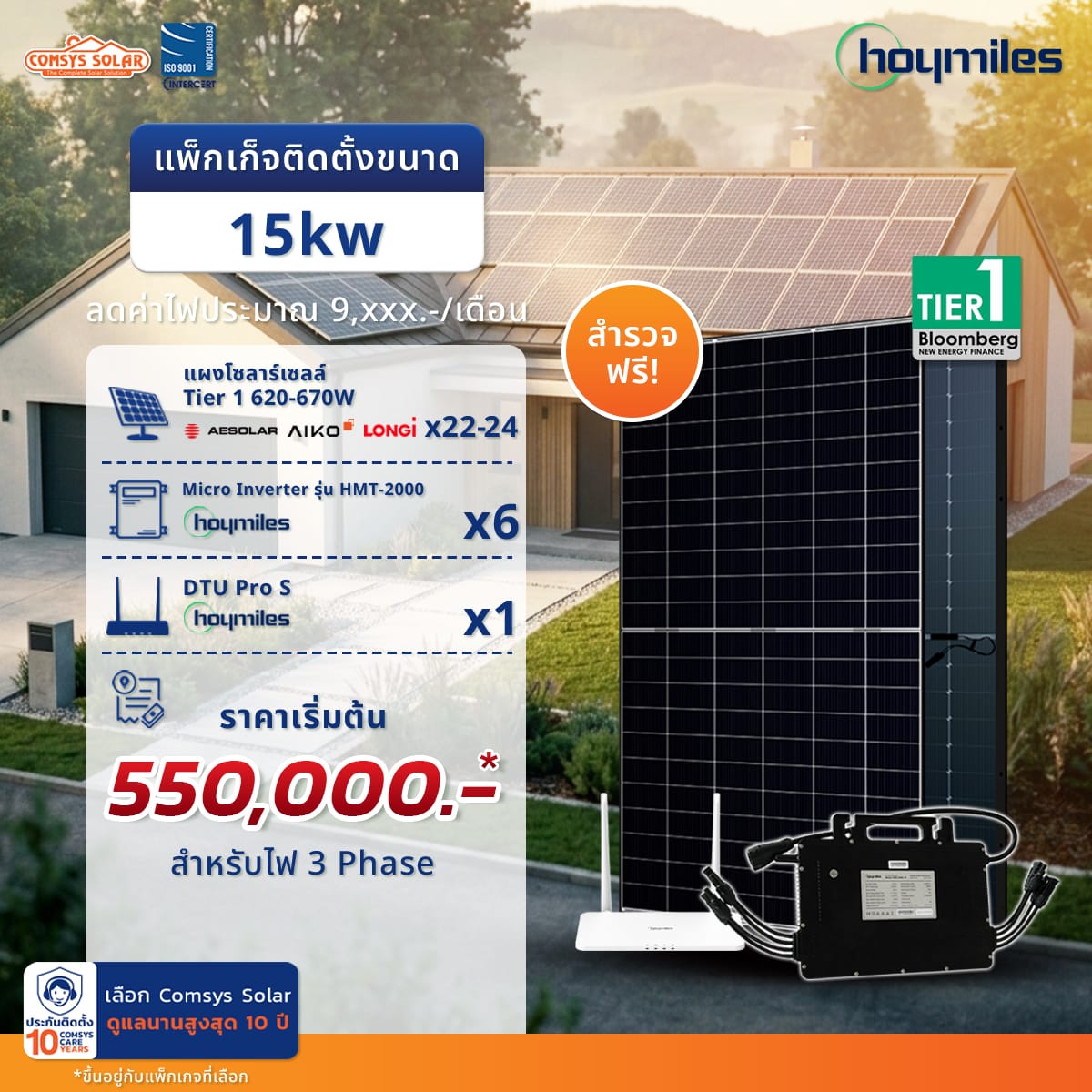แผงโซลาร์เซลล์: Tier 1 620-670W AESolar / Aiko / Longi จำนวน 22-24 แผง Micro Inverter: Hoymiles รุ่น HMT-2000 จำนวน 6 ตัว DTU Pro S จำนวน 1 ตัว ราคา: 550,000 บาท