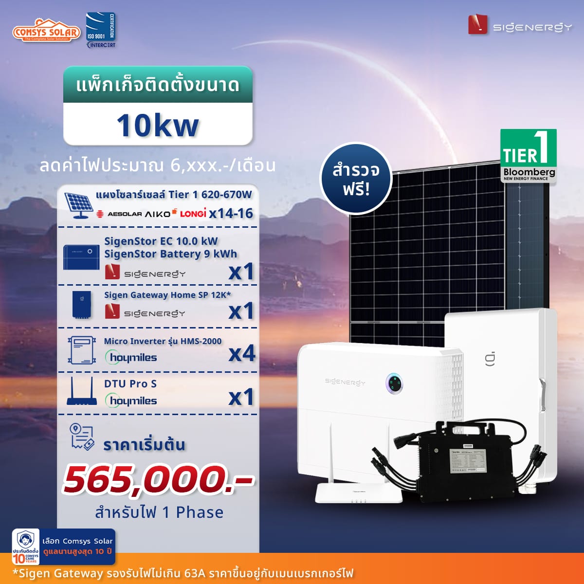 แผงโซลาร์เซลล์ Tier 1 620-670W AESolar / Aiko / Longi จำนวน 14-16 แผง SigenStor Energy Controller 10.0 kW Single Phase จำนวน 1 ตัว SigenStor Battery 9 kWh จำนวน 1 ตัว Sigen Gateway Home SP 12K* จำนวน 1 ตัว Micro Inverter Hoymiles รุ่น HMS-2000 จำนวน 4 ตัว DTU Pro S จำนวน 1 ตัว ราคา 565,000 บาท