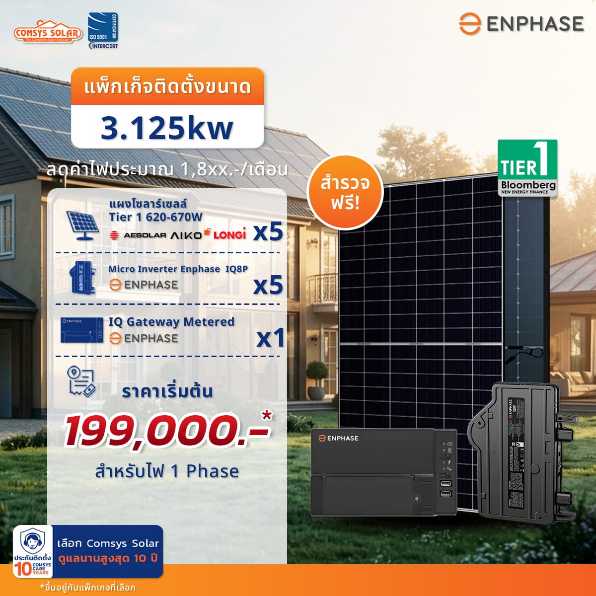 แผงโซลาร์เซลล์: Tier 1 620-670W AESolar / Aiko / Longi จำนวน 5 แผง Micro Inverter: Enphase IQ8P จำนวน 5 ตัว IQ Gateway Metered จำนวน 1 ตัว ราคา: 199,000 บาท