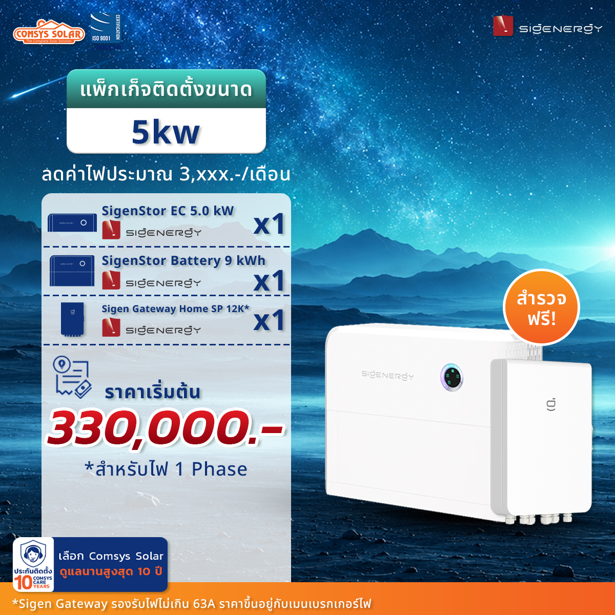 SigenStor Energy Controller 5.0 kW Single Phase จำนวน 1 ตัว SigenStor Battery 9 kWh จำนวน 1 ตัว Sigen Gateway Home SP 12K* จำนวน 1 ตัว ราคา 330,000 บาท